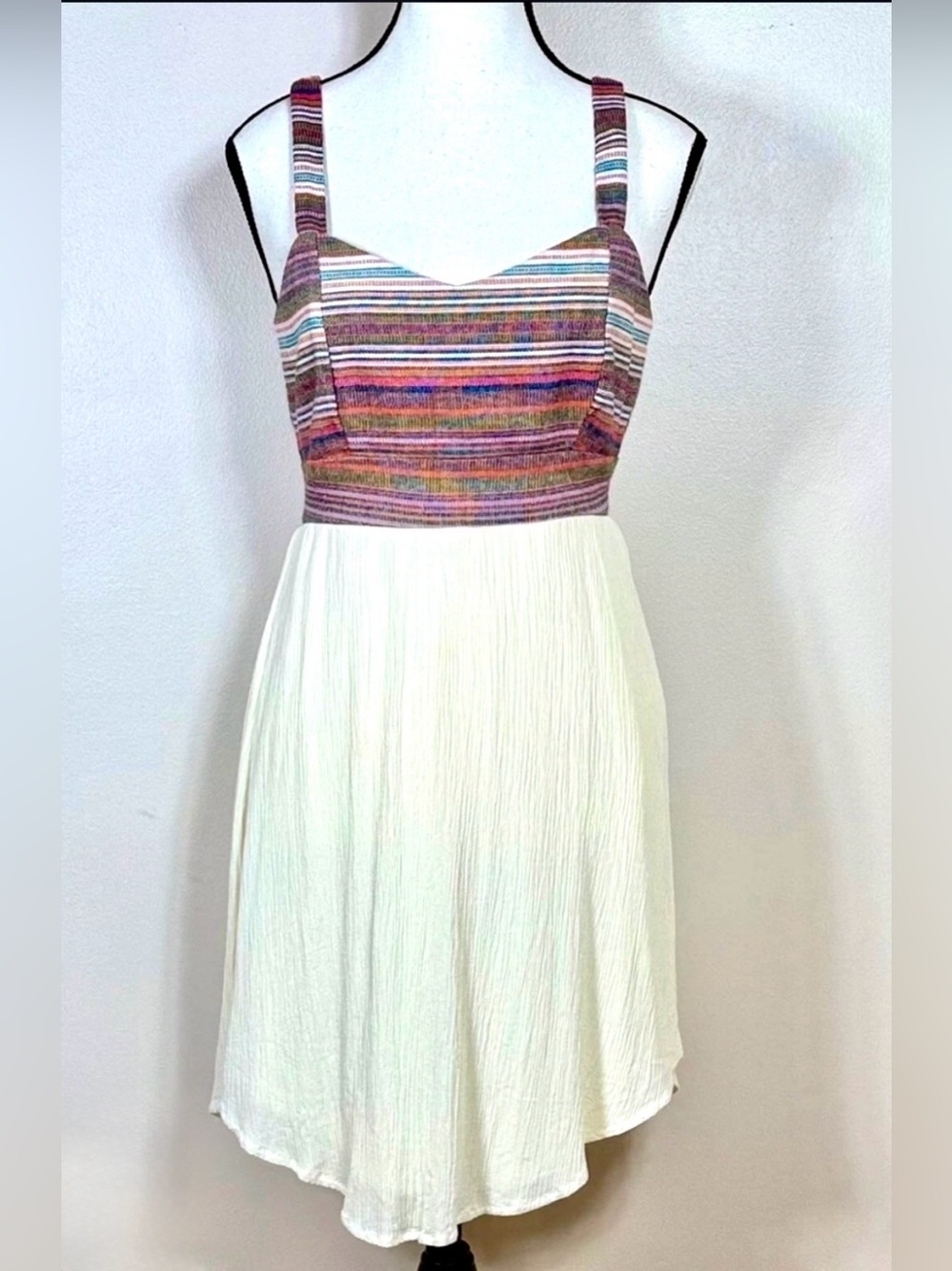 Maurices Boho Striped Ivory Fit & Flare Dress Sleeveless Cutout Back Boho